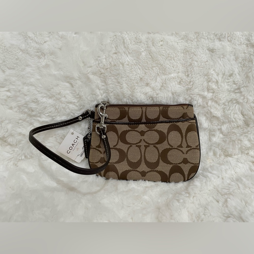 Coach Signature Beige Brown Leather Pouch, NWT